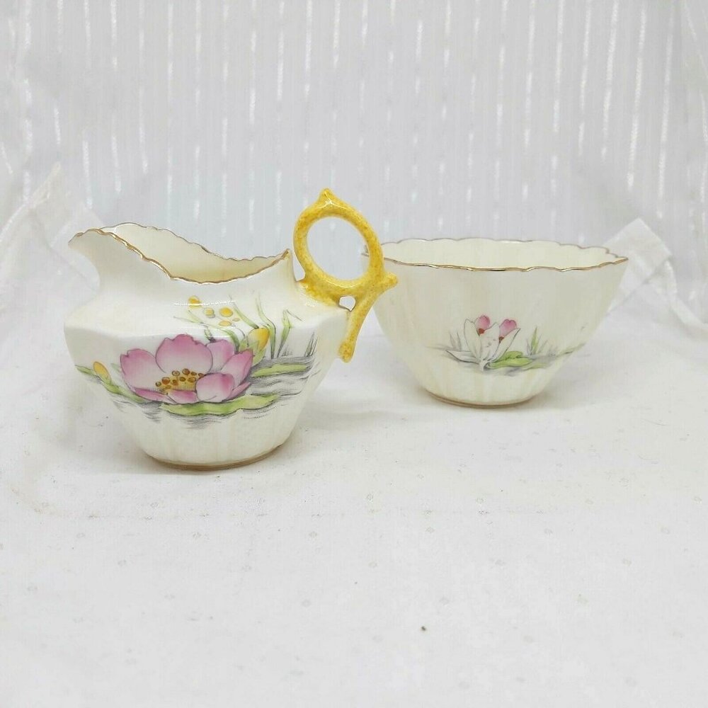 Royal Paragon By Appointment Sugar and Creamer Set-Lily Pads-Pink-Yellow-Weave